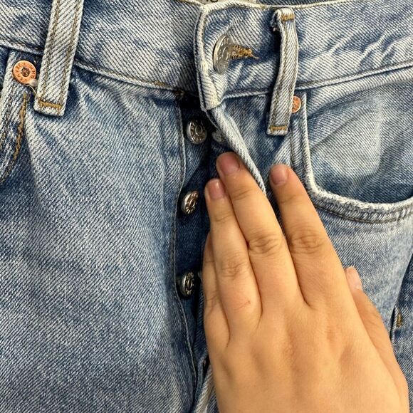 Mango mng Jeans Womens 4 Selina Button Fly Wide Leg Light Wash Distressed Boho - Picture 3 of 11